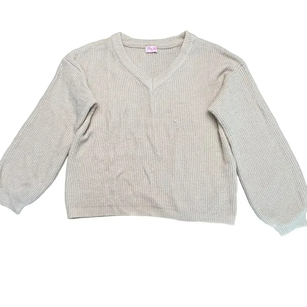 Pink Lily Women's Medium‎ Beige V-Neck Knit Pullover Cozy Sweater